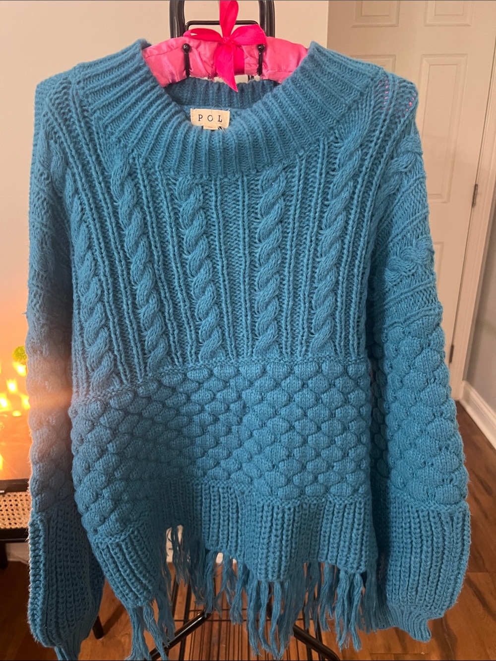 POL Teal Cable Knit Fringe Crew Sweater